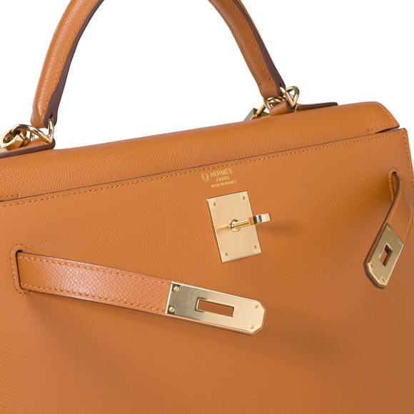 HERMES Kelly 32 sellier handbag strap [HSO] in Camel & Orange Epsom leather, GHW - Picture 7 of 12